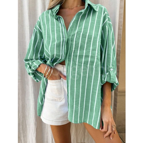 Green Striped Button Down Long Sleeve Shirt - Picture 4 of 5